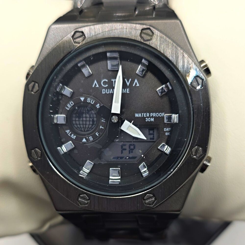 Invicta Activa Dual Time AnalogDigital Quartz Watch,BlackSS Bracelet,45.5mm,30M